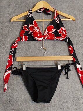 Red Black Floral Halter Bikini Set Tie Side 2 Piece Swimsuit Women's M/L